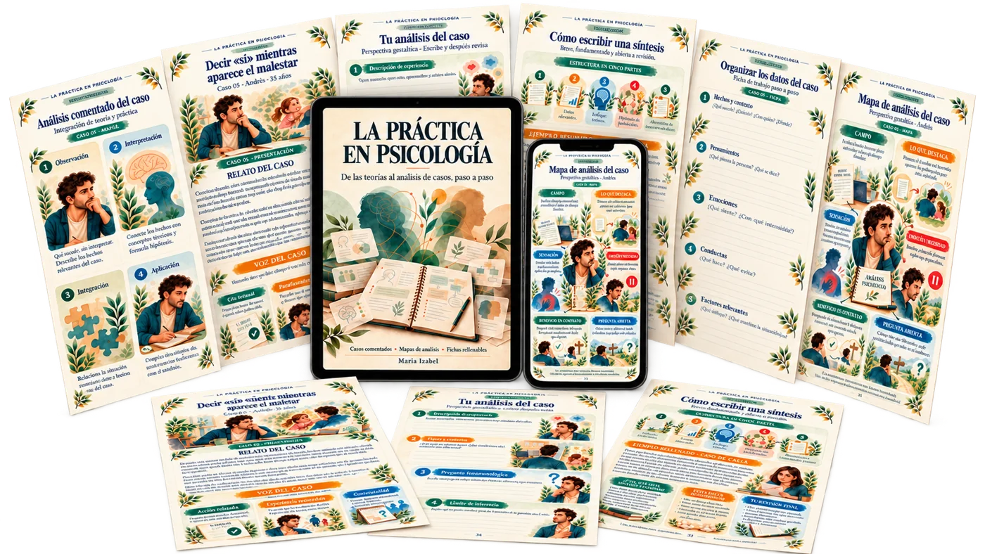 La Práctica en Psicología: páginas del material en tablet y celular